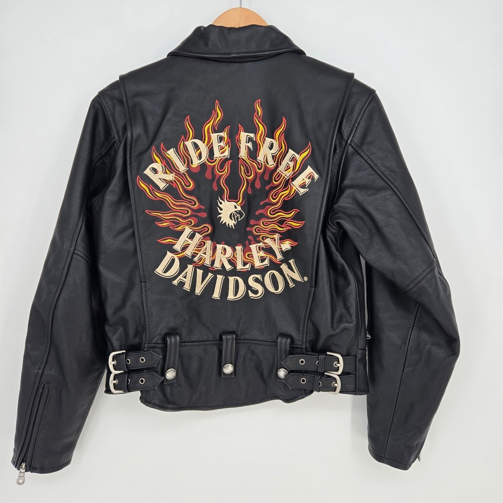 Vintage Harley-Davidson Womens M Black Leather Flame Sleeve Biker Jacket Ride